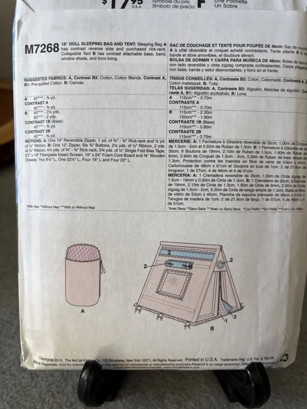 McCalls Crafts M7268 Doll Sleeping Bag Tent Sewing Pattern Uncut 2015